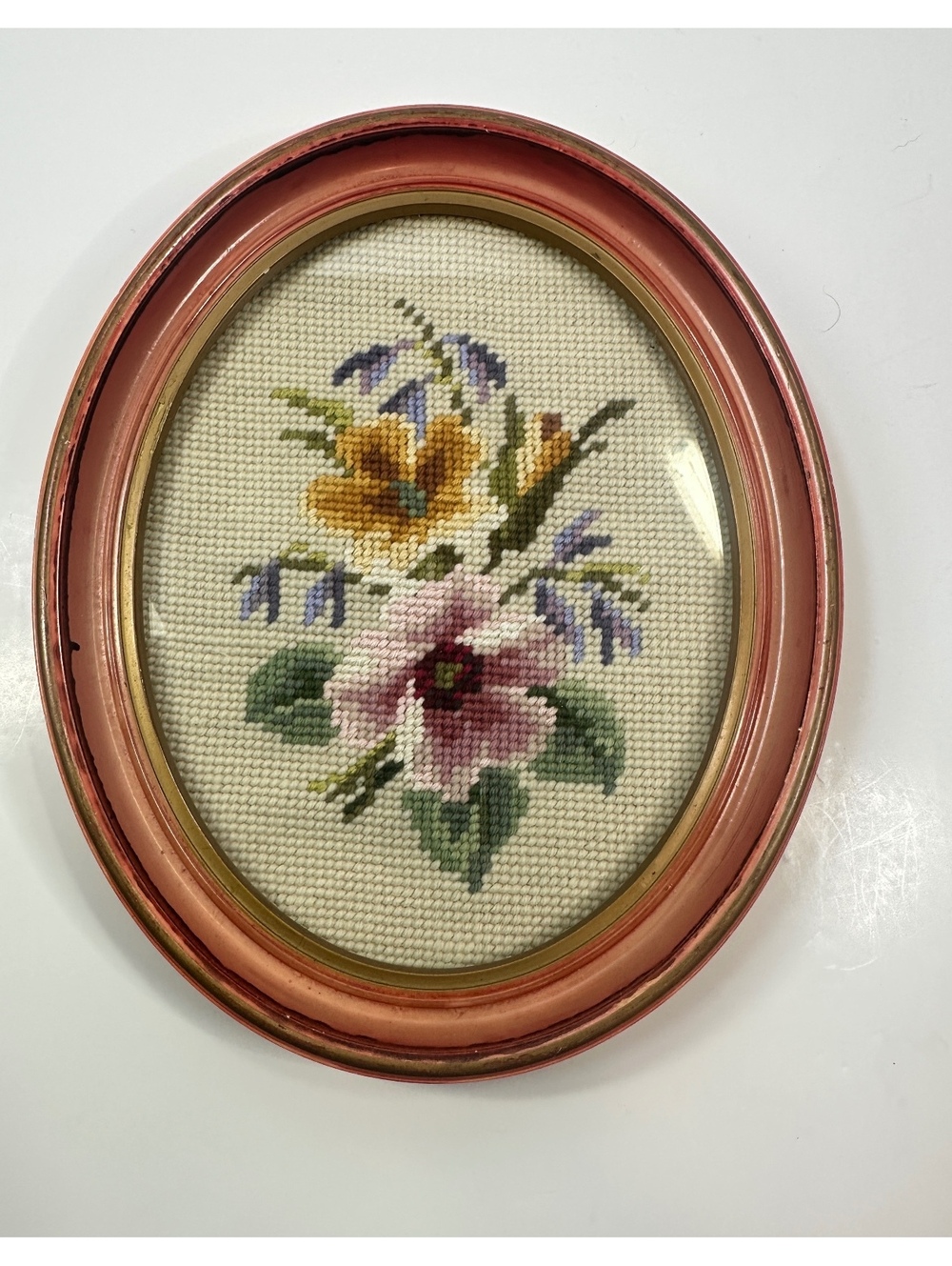 Antique Oval Wood Frame Handmade Floral Wool Needlepoint 8x10
